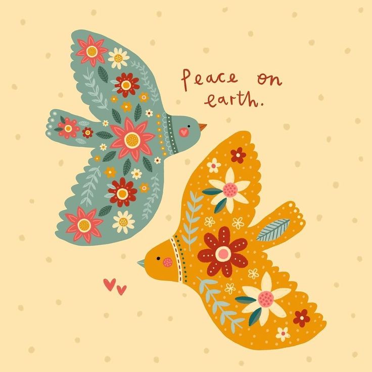 two birds flying next to each other on a yellow background with words peace on earth