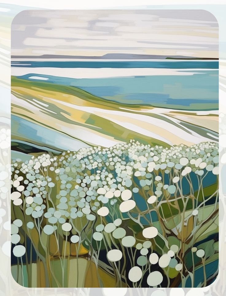 an abstract painting of white flowers in front of a body of water with blue sky and clouds