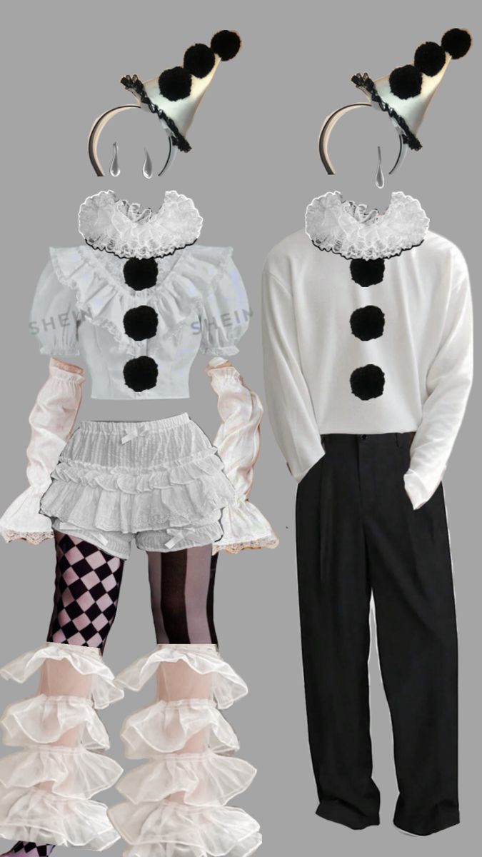 two costumes with black and white polka dots on them