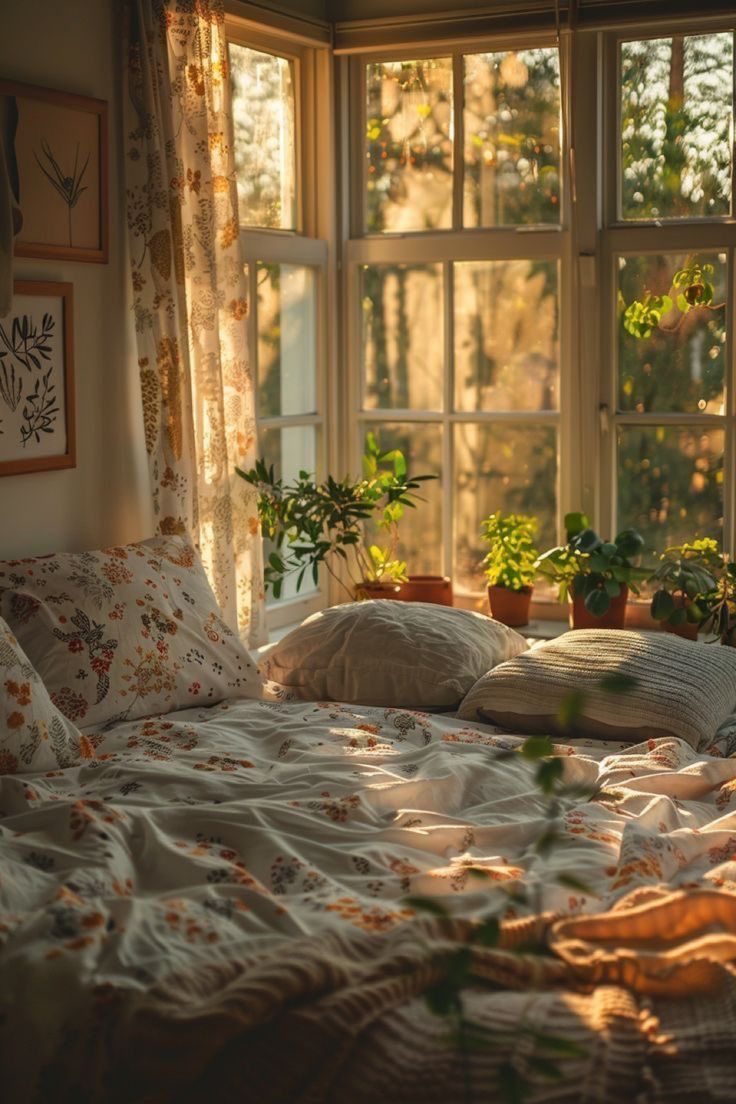 a bed with pillows and blankets in front of a window filled with potted plants