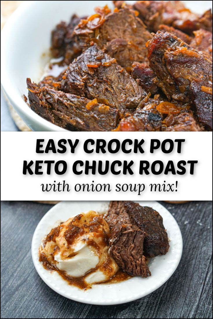 white plate with slow cooker keto pot roast and mashed cauliflower and text Pot Roast Crock Pot Recipes Low Carb, Keto Onion Soup Mix Recipe, Keto Pot Roast With Gravy, Keto Beef Chuck Roast Recipes Instant Pot, Keto Crockpot Pot Roast, Low Carb Chuck Roast Recipes Crock Pot, Keto Rump Roast, Keto Beef Pot Roast, Low Carb Beef Roast Crockpot Recipes