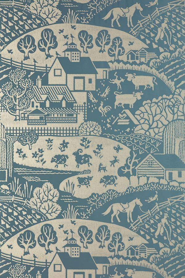 a blue and white wallpaper with houses, trees, and animals in the background