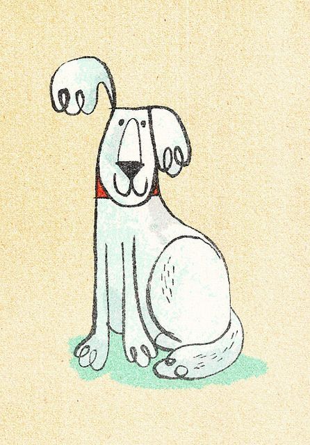 a drawing of a dog sitting on the ground with its head tilted to the side