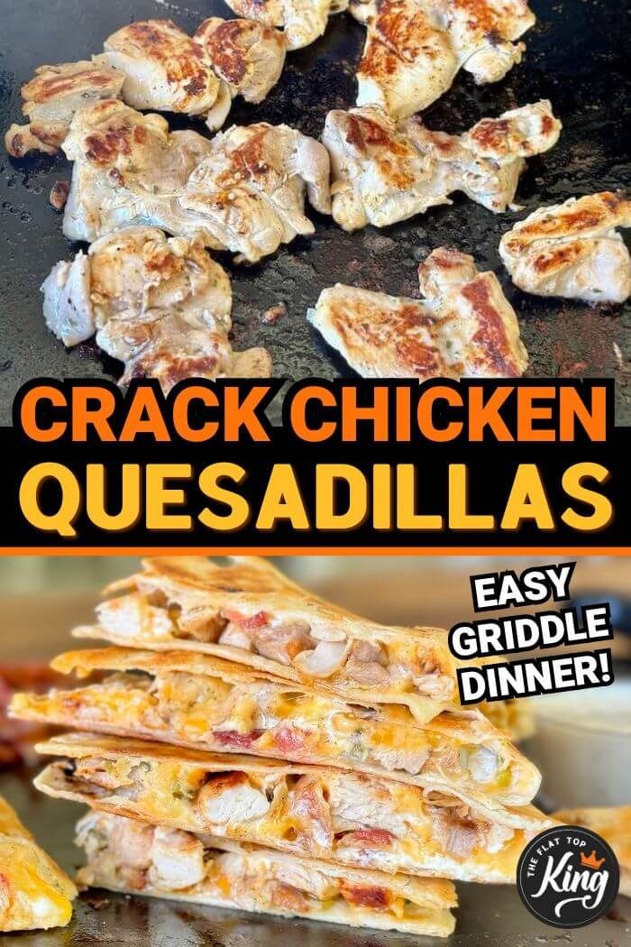 chicken quesadillas on a grill with text overlay