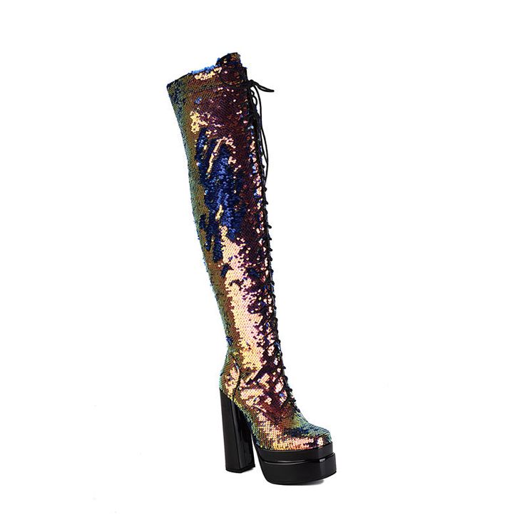 Glamorous Thigh-high Party Boots, Fitted Sequin Boots For Night Out, Glamorous Boots For Club And Party Season, Thigh High Platform Boots For Party, Platform Thigh High Boots For Party, Party Lace-up Fitted Platform Boots, Glamorous Fitted Platform Boots For Night Out, Party Lace-up Platform Boots, Glamorous Winter Platform Boots