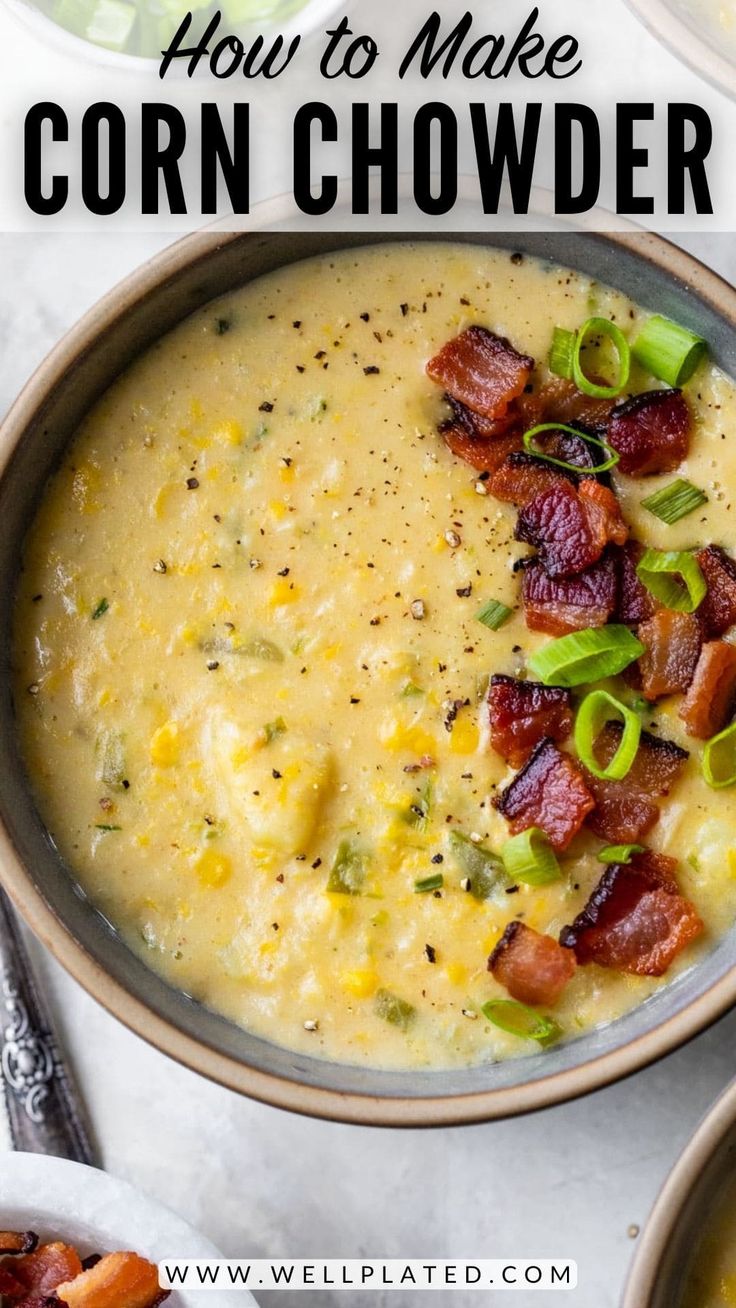 a bowl of corn chowder with bacon and green onions