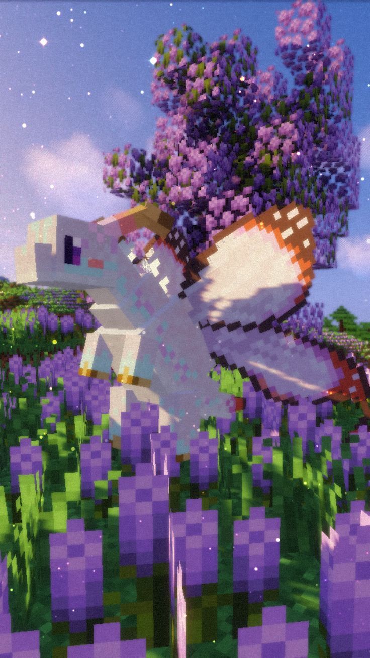 an image of a bird flying in the air over purple flowers and grass on a sunny day