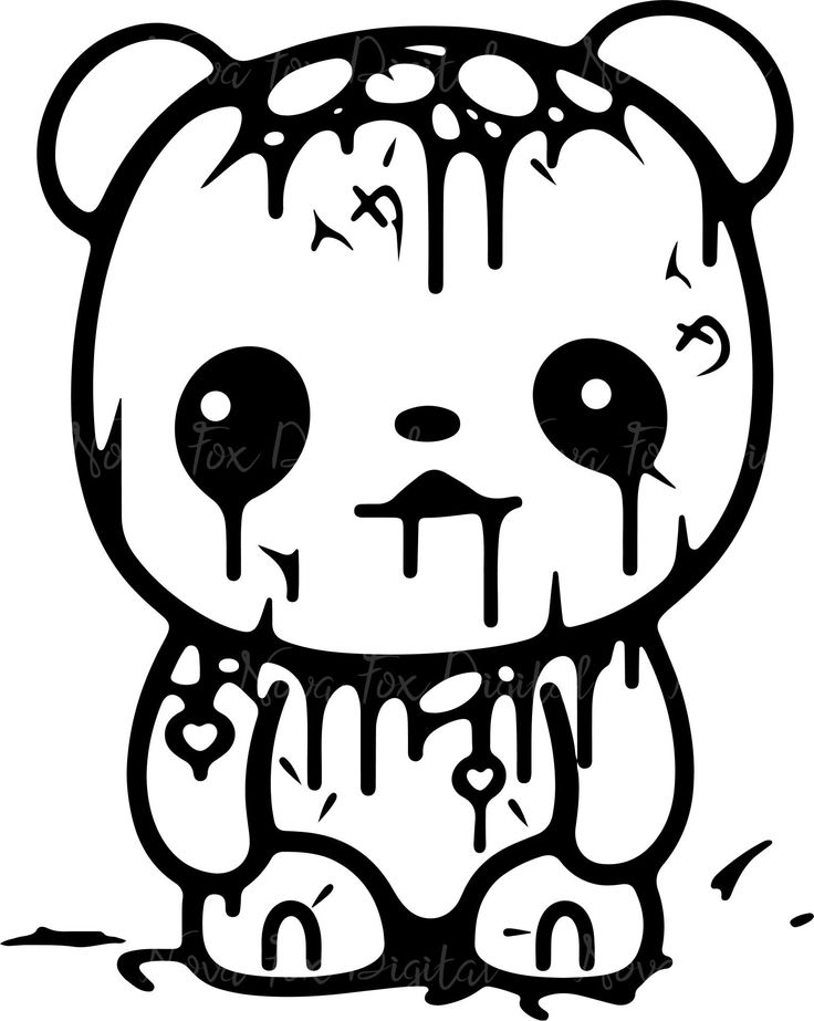 a black and white drawing of a bear with dripping paint on it's face