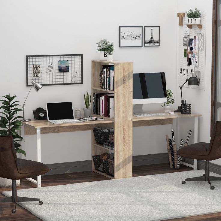 a desk with a computer and chair in a room