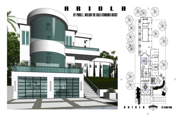 an architectural rendering of a modern house with spiral staircases and balconies on the second floor