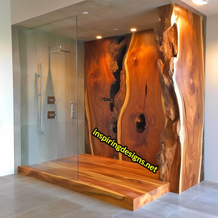 a bathroom with wood and glass walls