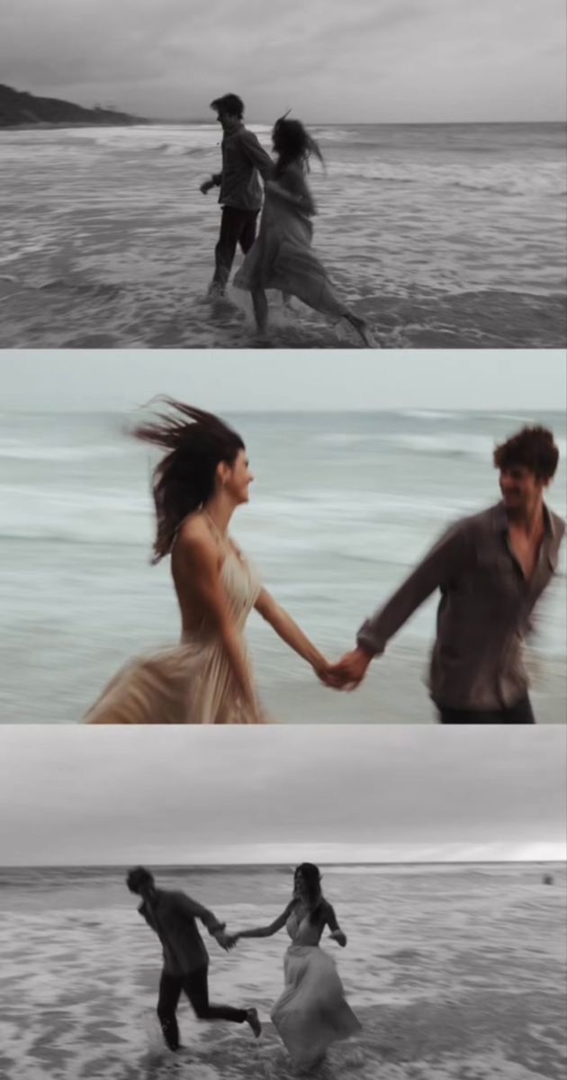 two people holding hands and running in the water at the beach, while another person runs with their arms around them