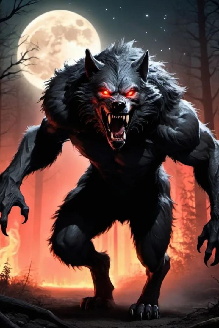 an evil wolf with glowing eyes and fangs in front of a full moon, surrounded by trees