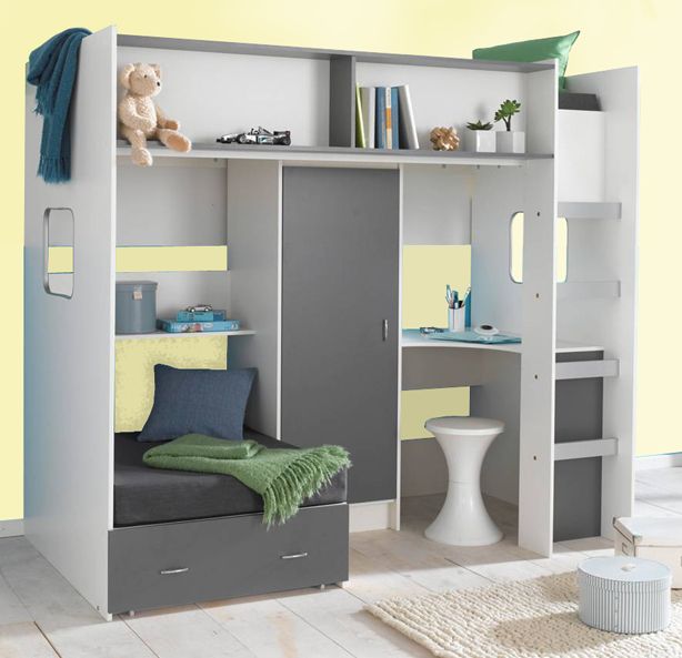 a child's bedroom with bunk bed, desk and bookshelf in it