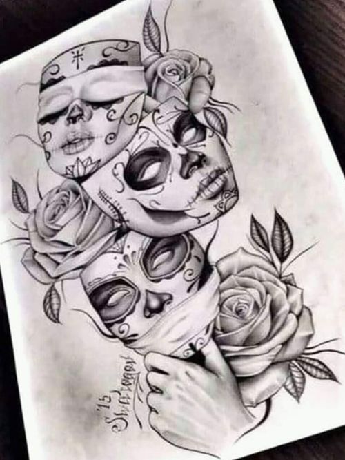 a pencil drawing of a woman's face with roses on her left arm and a rose in her right hand