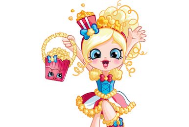 a cartoon girl holding a cupcake and popcorn bucket in one hand while standing on the other