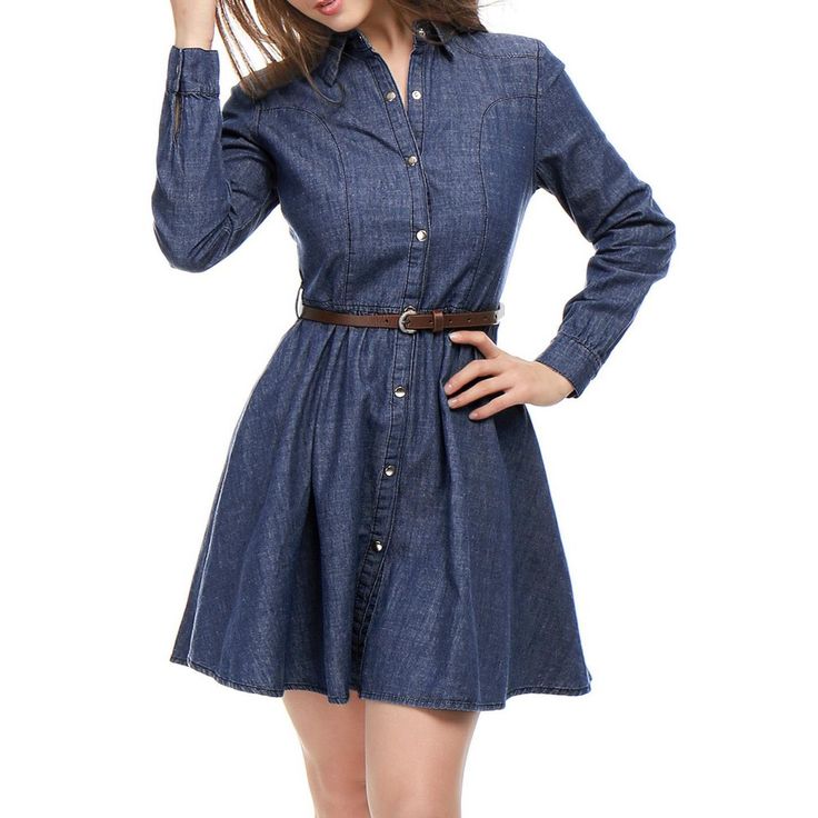 This Denim Shirt Dress dress features an A-line skirt and Point Collar design to elevate your denim game. Waist Belt design achieves a beautifully flared silhouette. Styled with boots or sneakers, suitable for date, weekend, halloween, party, daily, work, office, trip, etc. Please check your measurements to make sure the item fits before ordering. Size: x-large. Color: dark blue. Gender: female. Age Group: adult. Pattern: Solid. Material: Cotton. Jumpsuit Denim, Flare Shirt, Belle Silhouette, Chambray Shirt Dress, Womens Denim Dress, Long Sleeve Denim Shirt, Button Down Shirt Dress, Boyfriend Jean, Denim Shirt Dress