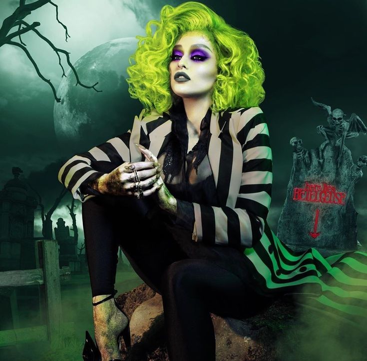 a woman with green hair and makeup sitting on a grave