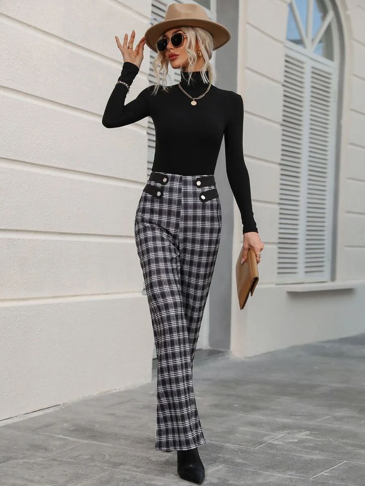 Plaid Print Flare Leg Pants | SHEIN USA Flared Plaid Pants Outfit, Plaid Flare Pants Outfit, Checked Pants Outfit, Checkered Pants Outfit, Italy Clothes, Plaid Pants Outfit, Checked Pants, Plaid Dress Pants, Checkered Pants