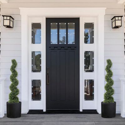 a black front door with two planters on either side and one light hanging above it