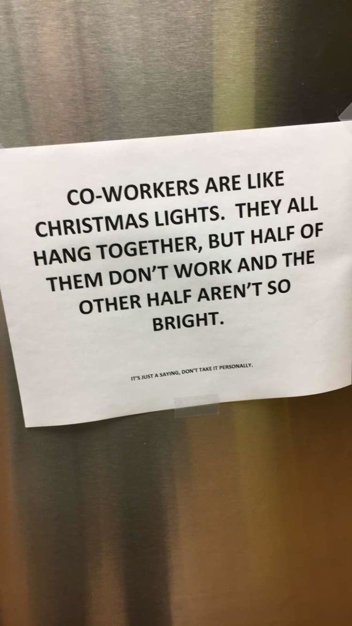 a piece of paper taped to the side of a refrigerator door that says co - workers are like christmas lights they all hang together, but half of them don't work and the other half aren '