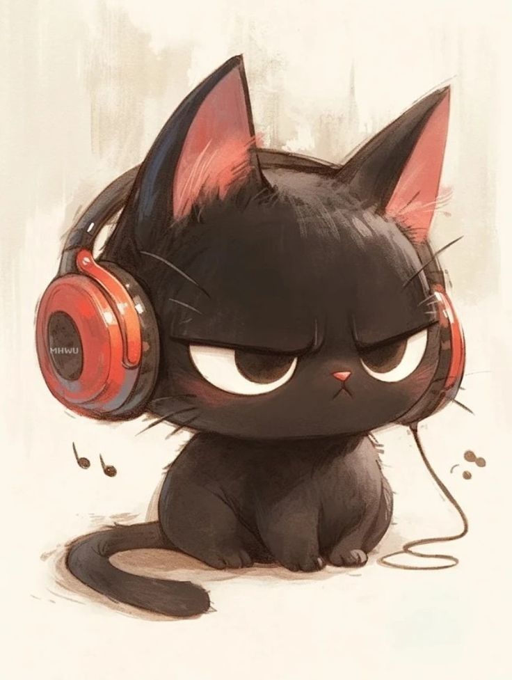 a black cat with headphones on its ears