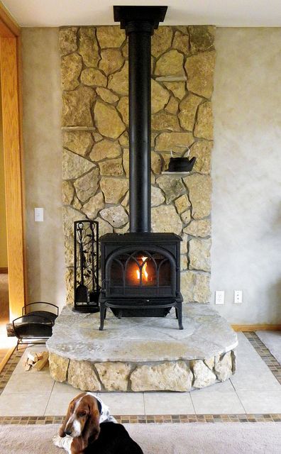 a dog sitting on the floor in front of a fire place with a stone fireplace