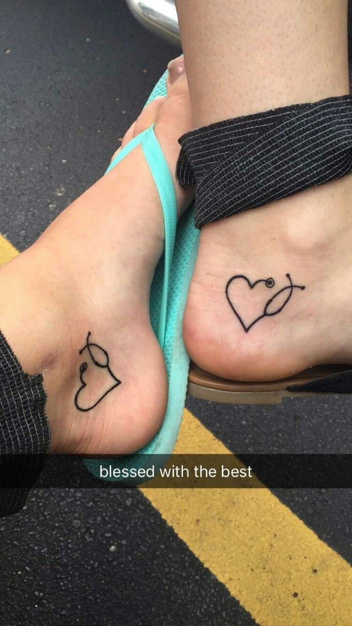 two people with tattoos on their feet, one has a heart and the other has a stethoscope