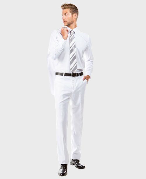 This white 2-button slim cut suit will keep you at the forefront of fashion with its clean, straight lines. The notch lapels give the suit a contemporary appearance so you can wear it for years to come and stay stylish. The two button front is cut so you can show off your favorite tie while looking elegant. The flat front pants helps make you look fit and trim. Pants can be trimmed to length. Details: Includes: Suit jacket, and pants JACKET: Full Lined, Single breasted 2 Button closure, Slim Not Flat Front Pants, Slim Fit Suit, 3 Piece Suits, Straight Lines, Suit Vest, Modern Fit, Classic Looks, Summer Looks, Single Breasted