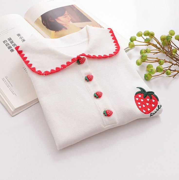 Kawaii Strawberry T-shirt PN5702 ●Size: Length 56 cm shoulder 38 cm bust 100 cm sleeve 25 cm ●Material:Cotton. (Please allow 1-3cm differs due to manual measurement.As different computers display colors differently,the color of the actual may vary slightly from the above images.Thanks for your understanding.) ●About Shipping: We attach great importance to the orders of each customer and parcel delivery. 1.Processing time: 2-3 business days. 2.Shipping time: 10-15 business days to US, please allow 3-4 weeks shipping to other country.(Shipping times can be affected by variable customs clearance times or public holidays.) Cute White Stretch T-shirt, Cute Long Sleeve T-shirt For Spring, Casual White Blouse With Doll Collar, White Cotton Blouse With Cute Collar, Kawaii Cotton Tops, Casual Blouse With Doll Collar, Kawaii Spring Top With Doll Collar, Spring Kawaii Top With Doll Collar, Cute White Blouse With Doll Collar