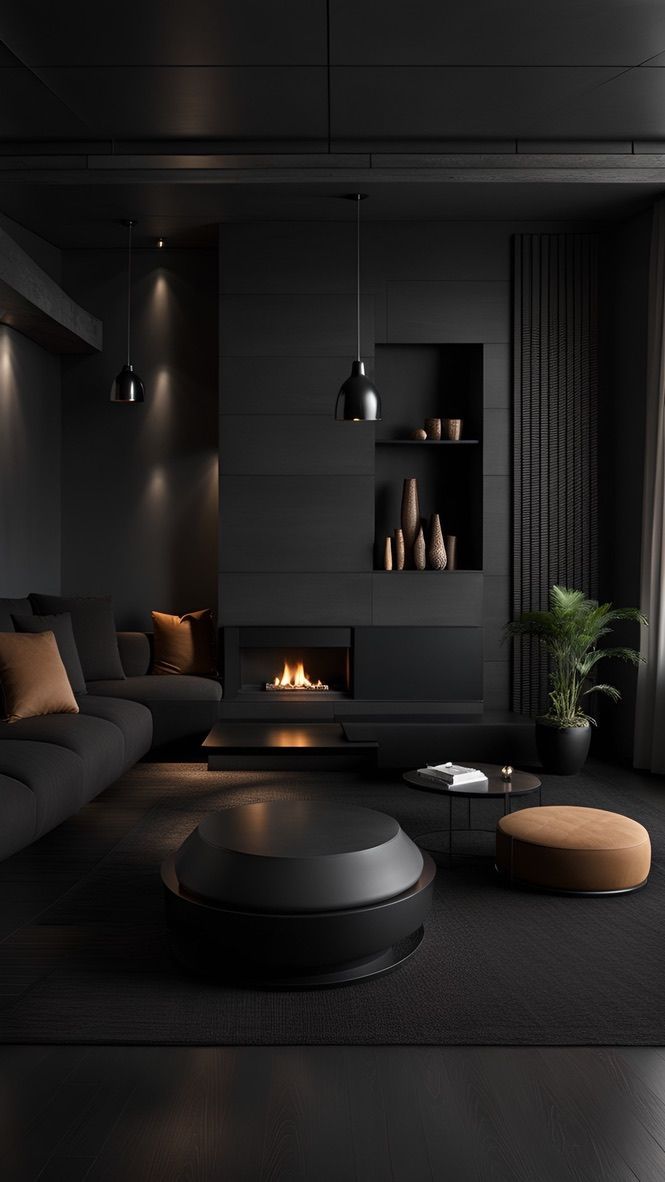 a modern living room with black walls and flooring is lit by lights from the windows