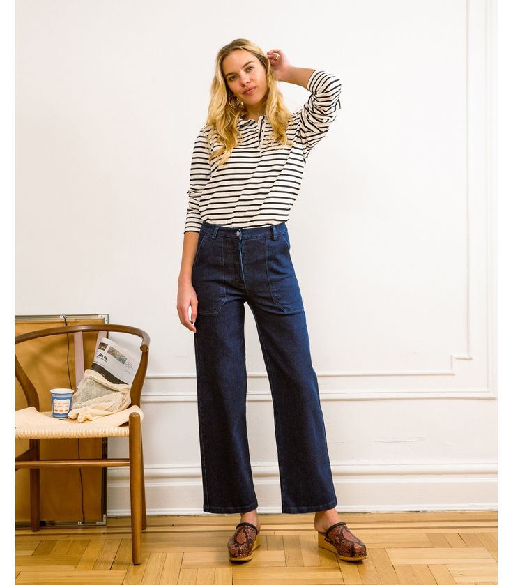 The Kate Jeans are the latest addition to our "perfect butt" high waisted jean family! These are just like our cult favorite Simone Jeans, but a few inches longer. Made from stretchy Indigo denim and featuring 1970's inspired front and back pockets, hidden button fly and wide cropped length, these are sure to be your new favorites! FIT NOTE: This style runs a little smaller than our other styles. Please check the measurements below to find your correct size. If you are between sizes we suggest o Pants Other Than Jeans, Indigo Jeans Outfit, Dark Wash Jeans Outfit, Dark Washed Jeans Outfit, Ankle Jeans Outfit, Blue Denim Jeans Outfit, Wide Leg Ankle Jeans, Wash Jeans Outfit, Denim Jeans Outfit