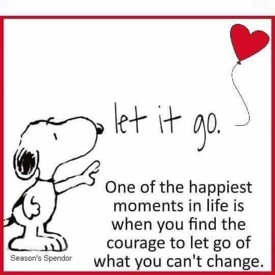 a cartoon dog holding a heart balloon with the caption, let it go one of the happest moments in life is when you find the courage to let go what you can't