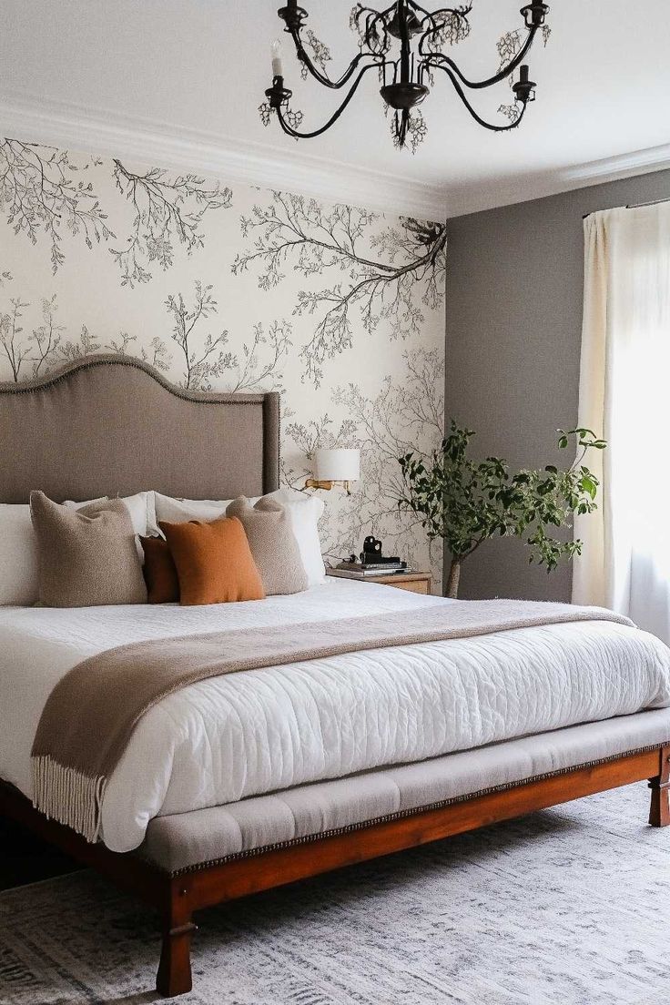 50+ grey accent wallpaper bedroom Window Accent Wall Bedroom, Wallpaper Backgrounds Master Room, Bedroom With Flower Wallpaper, Rooms With Wallpaper Ideas, Spare Bedroom Wallpaper, Wallpaper For Headboard Wall, Bedroom Inspirations Master Accent Wallpaper, Moody Bedroom With Wallpaper, Wallpaper One Wall Bedroom