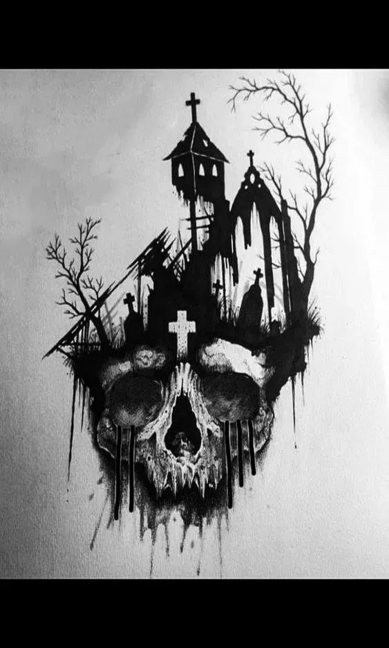 a drawing of a skull with a church in the background