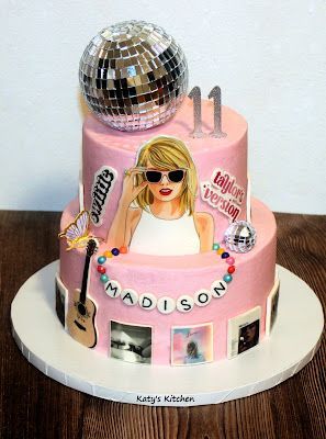 a pink cake decorated with a disco ball and photo collages on the side