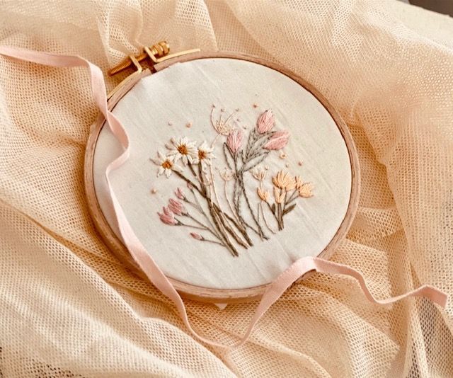 a close up of a embroidery on a piece of cloth with flowers in the middle