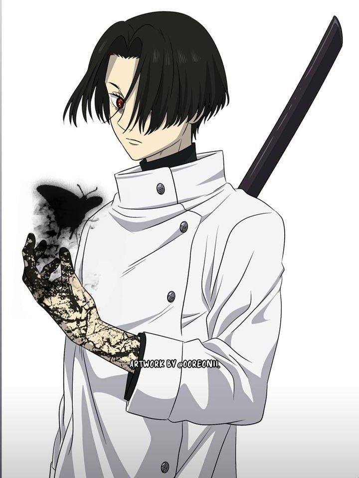 an anime character holding a black bird in his right hand and wearing a white coat