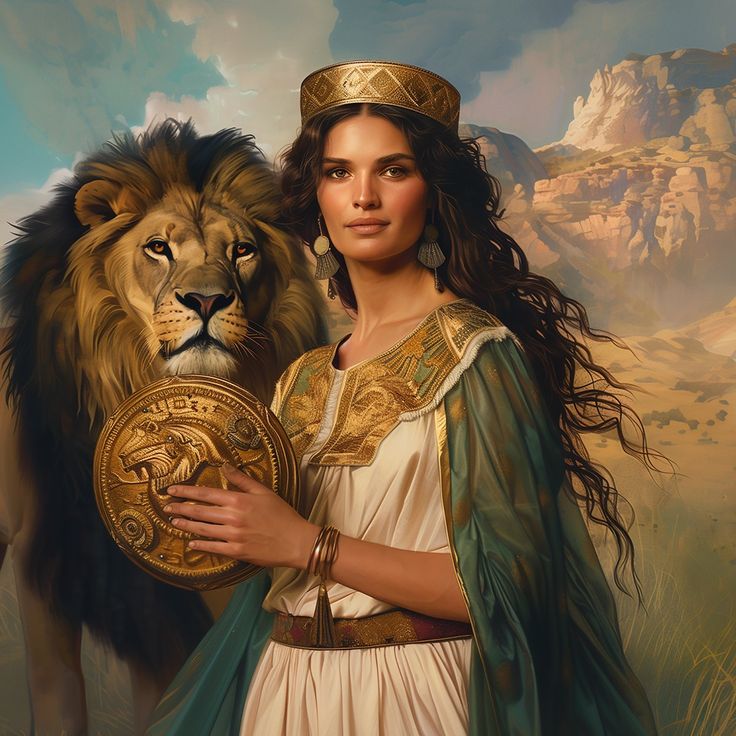 a painting of a woman holding a shield next to a lion