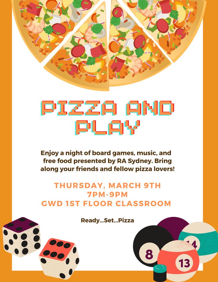 a flyer for a pizza and play event