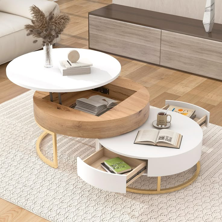 a coffee table with an open drawer underneath it on a rug in a living room