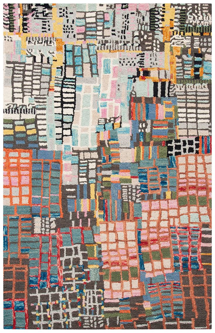 an abstract rug with multicolored squares and lines