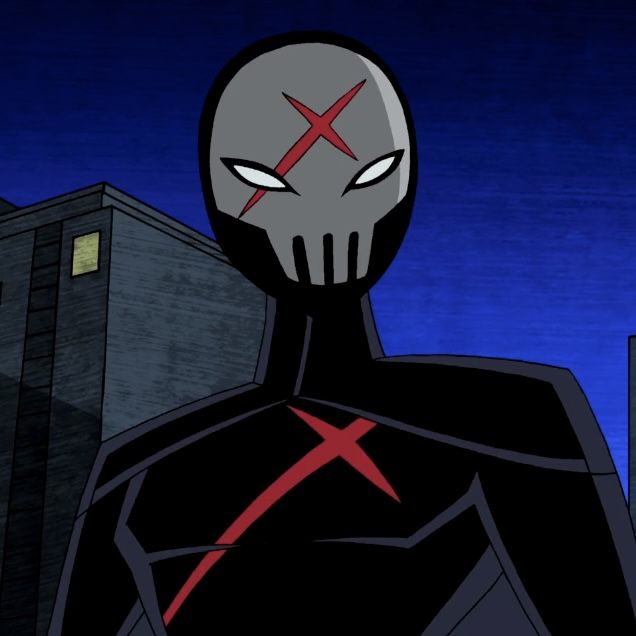 an animated image of a man in a black suit and red cross on his face