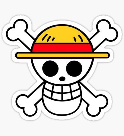 a sticker with a skull wearing a yellow hat and bones on it's side