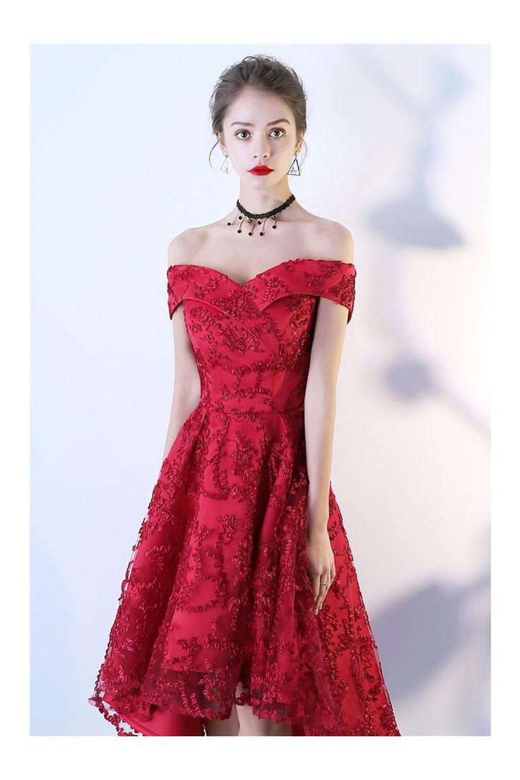 High Low Aline Red Lace Party Dress Off Shoulder - $54.56 #BLS97003 - SheProm.com Fitted A-line Evening Dress For Prom Season, Dressy A-line Evening Dress For Party Season, Glamorous A-line Midi Dress For Prom, Red A-line Dress For Banquet, Fit And Flare A-line Party Dress, A-line Evening Dress For Cocktail And Prom Season, Holiday Evening A-line Midi Dress, Dressy Midi Dress For Prom And Holiday, Holiday Midi Dress For Prom