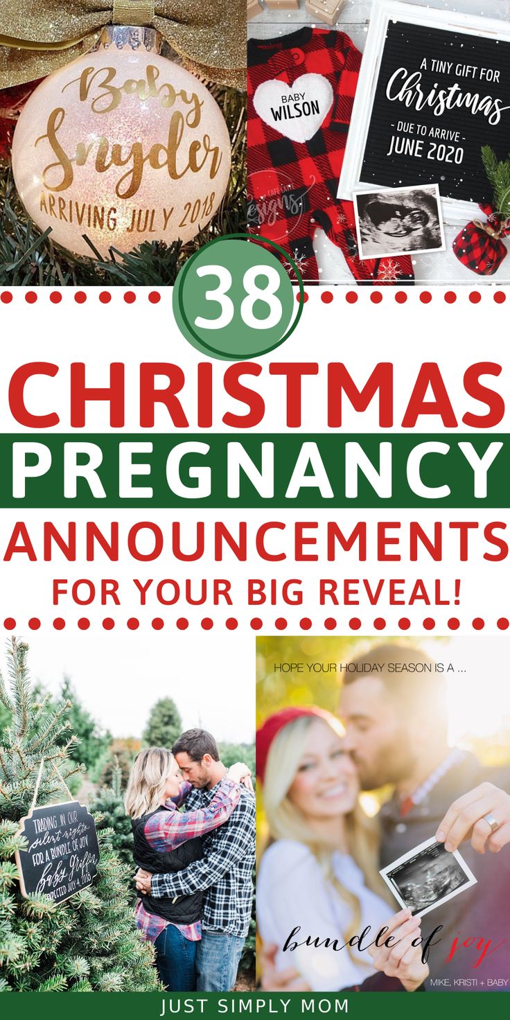 christmas pregnancy announcement with photos and text that reads, 38 christmas pregnant announcements for your big reveal