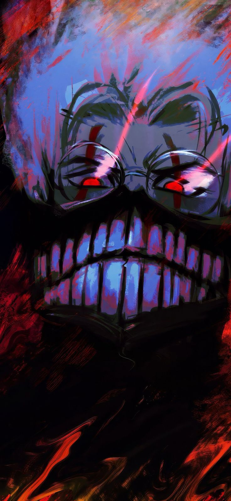 a digital painting of an evil clown with red eyes