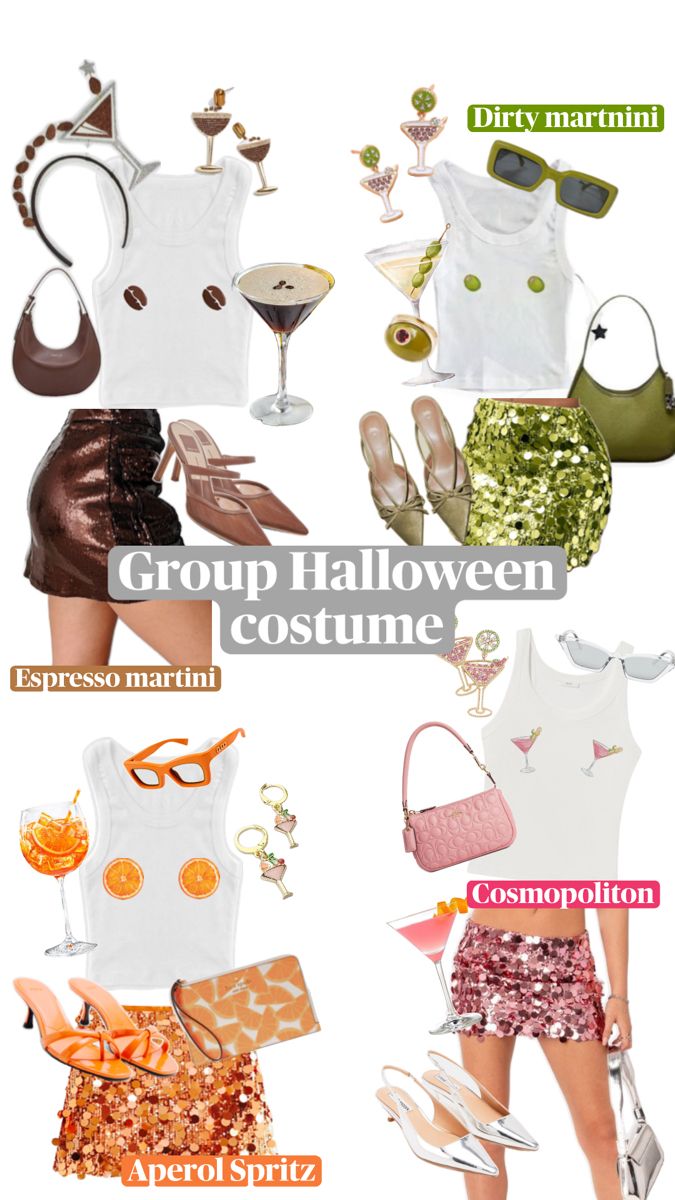 Group costume, haloween, martinis, girl group, accessories, outfit idea Trio Halloween Costumes, Halloween Costume Idea, Pretty Halloween Costumes, Halloween Party Outfits, Trendy Halloween Costumes, Cocktail Outfit, Halloween Costume Outfits, Halloween Costumes Makeup, Group Halloween Costumes