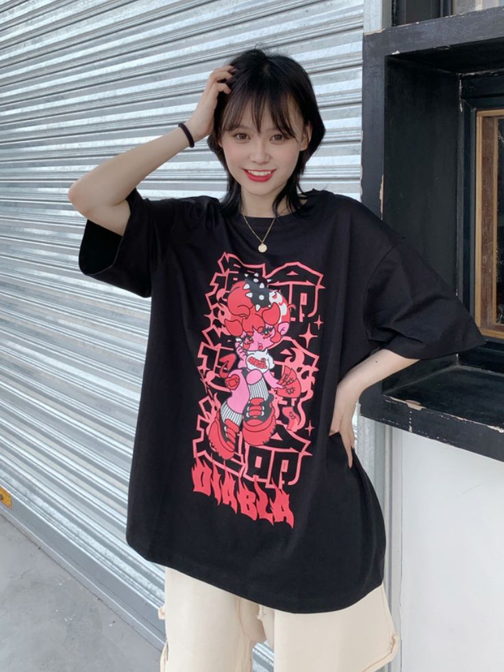 Attention: This price includes a T-shirt only, others are not included.   	 		 			Size 			S 			M 			L 		 		 			Bust 			108 			112 			116 		 		 			Full Length 			68 			69 			71 Pink Harajuku T-shirt With Graphic Design, Harajuku Style Cotton T-shirt With Letter Print, Harajuku Style Cotton Top With Graphic Print, Harajuku Style Graphic Print Tops For Summer, Cotton Cartoon Print Tops For Streetwear, Streetwear Cotton Tops With Cartoon Print, Cotton Top With Cartoon Print For Streetwear, Streetwear Cartoon Print Cotton Tops, Harajuku Crew Neck Top With Front Print