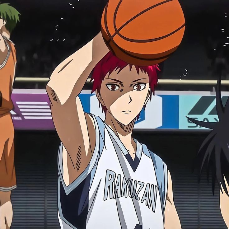 an anime character holding a basketball over his head